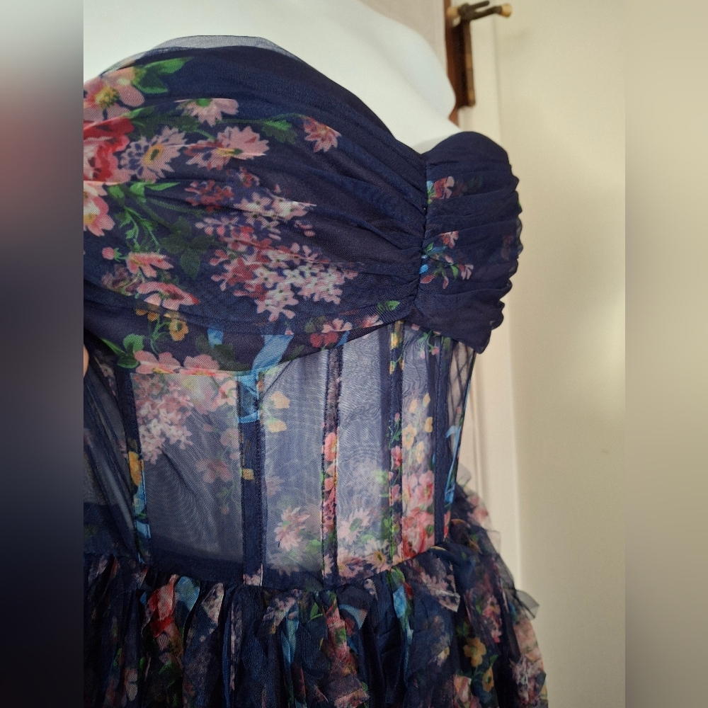 Lulu's Multicolor Floral Strapless Ruffle Gown Dress - Picture 3 of 11